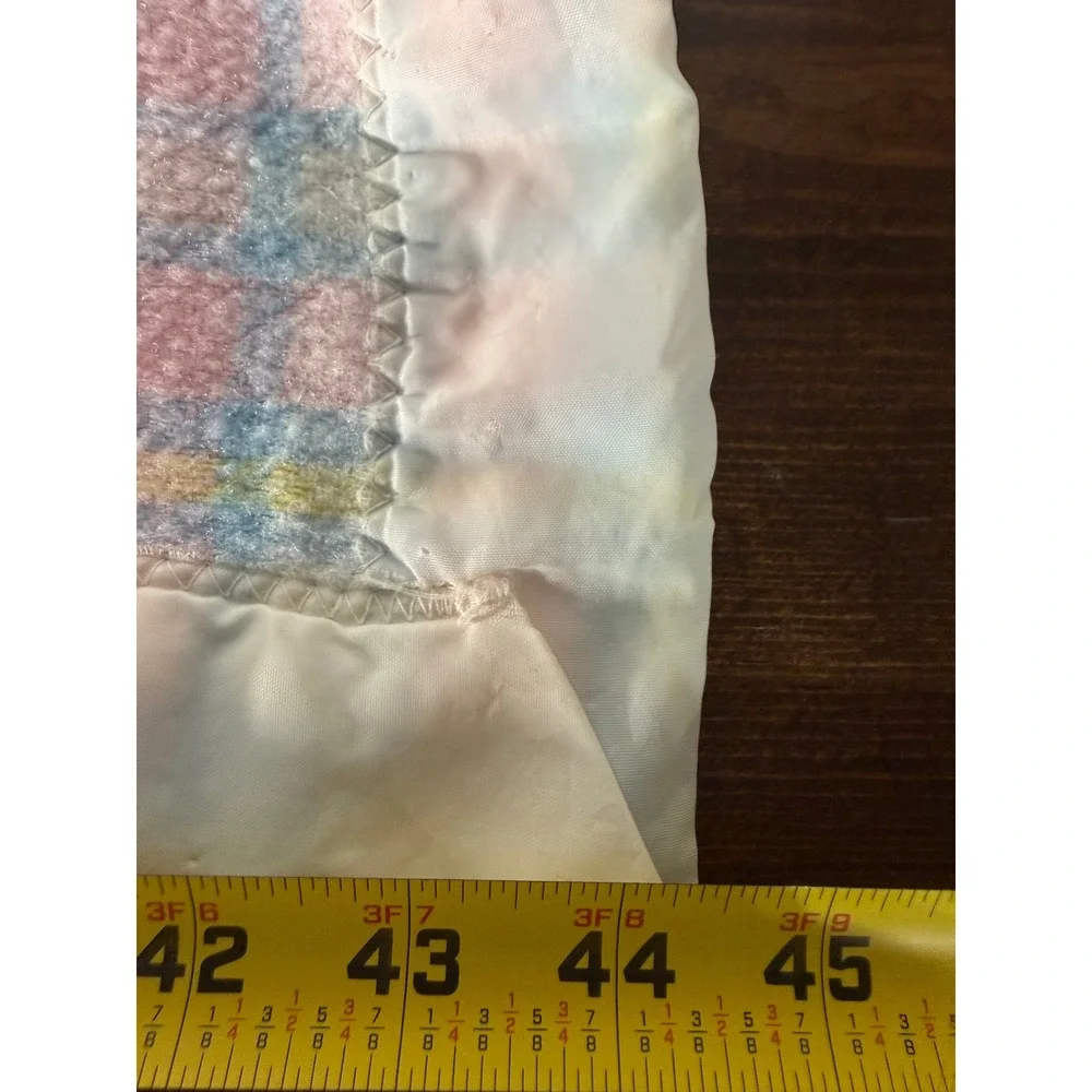 Vintage Pastel Plaid Baby Blanket Satin Trim Blue Pink Yellow 36x45